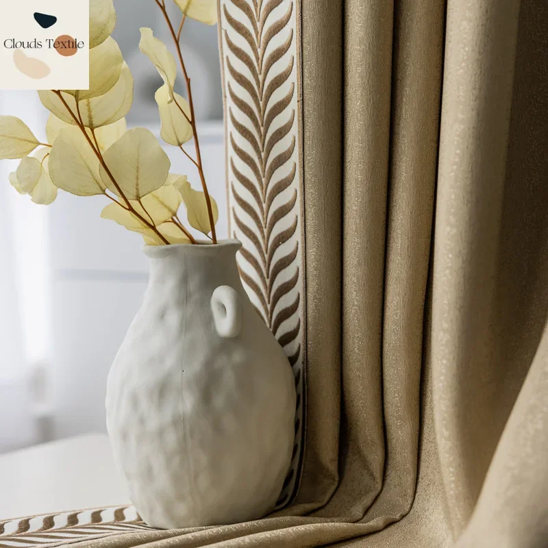 Rice Grain Pattern Jacquard Micro-beaded Blackout Curtains for Living Dining Room Bedroom Finished Herringbone Pattern Lace