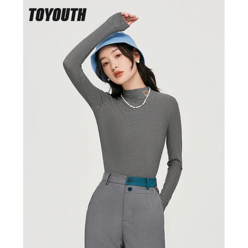 Toyouth Women Tees 2022 Autumn Long Sleeve O Neck Slim Fit T-shirt Silicone Bear Decoration Fashion Casual Streetwear Tops