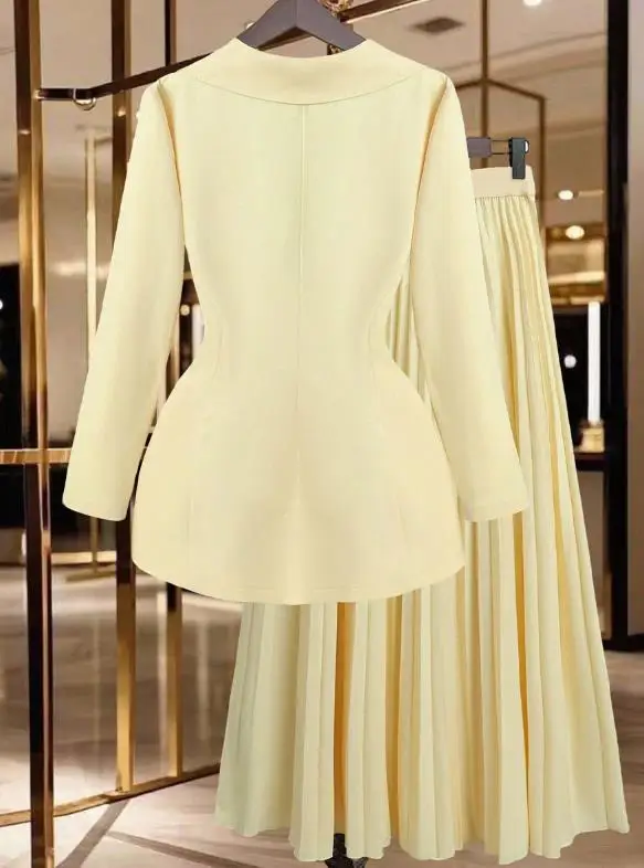 

Two Piece Set Women Outfit 2025 Unique Spring Autumn Elegant Notched Collar Long Sleeve Blazer & High Waist Pleated Skirt Set