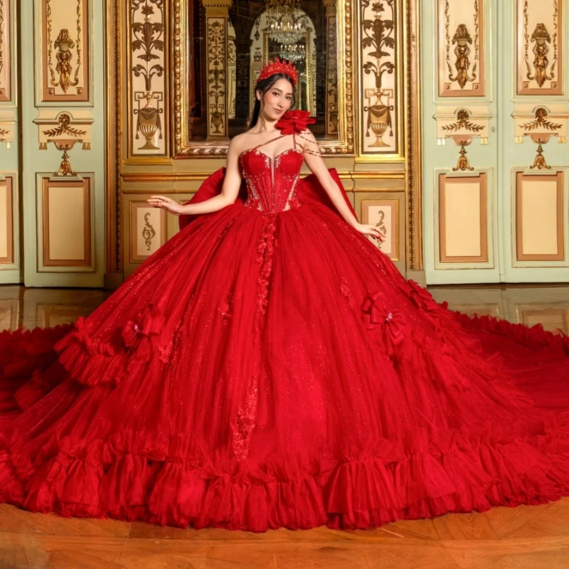 

Red Shiny Quinceanera Dresses Ball Gown Off The Shoulder Applique Flower Beading Crystal Bow Tiered Tull Corset Party Birthday