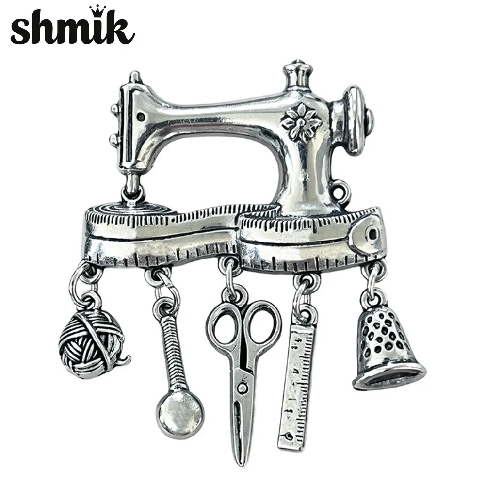 Vintage Sewing Machine Brooches For Women Men 2-color Metal Scissors Ruler Dangle Charms Party Casual Brooch Pins Gift
