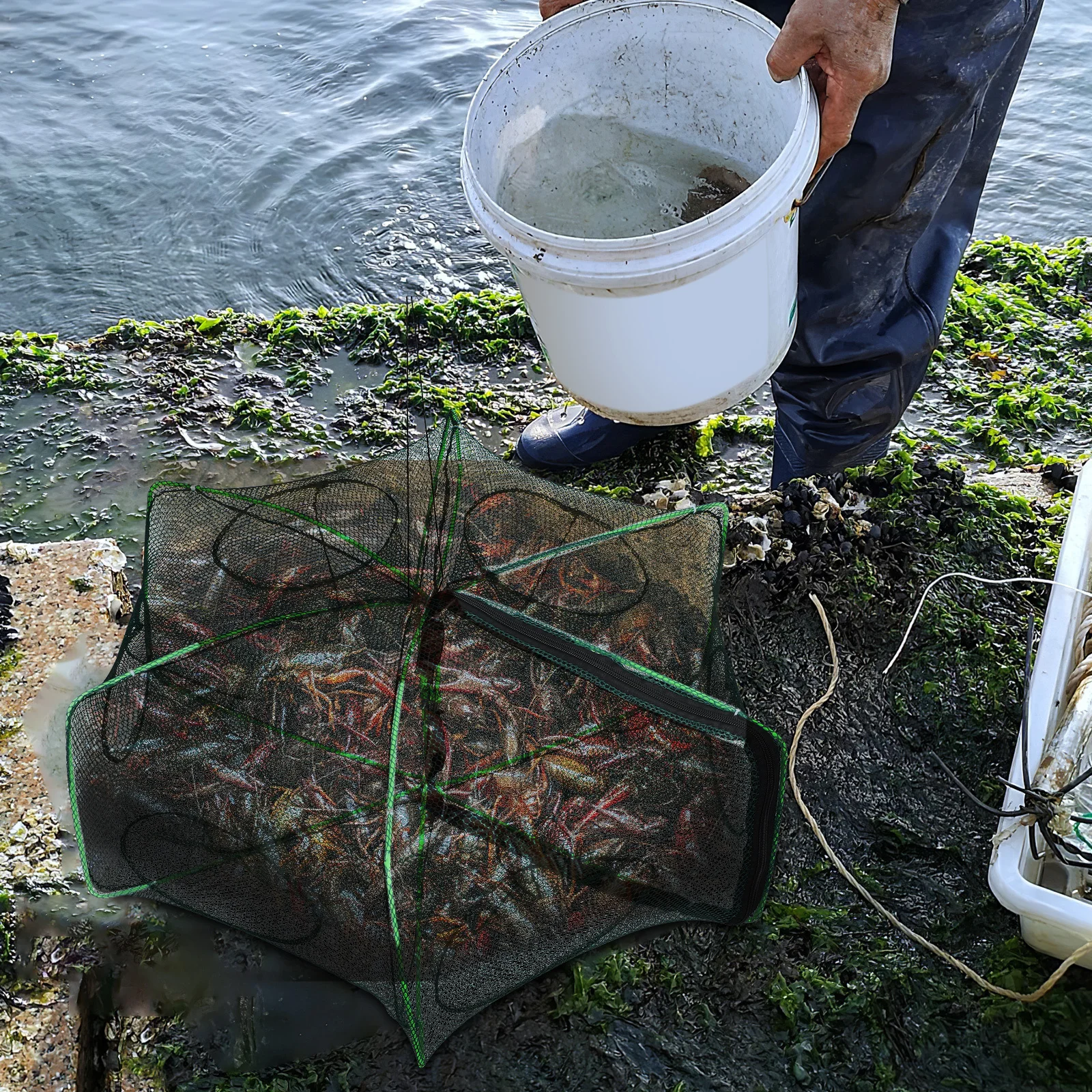 

6-Hole Foldable Fishing Net Portable Shrimp Fish Crab Trap for Lakes Rivers Seaside Foldable Nylon Mesh Fish Trap Net