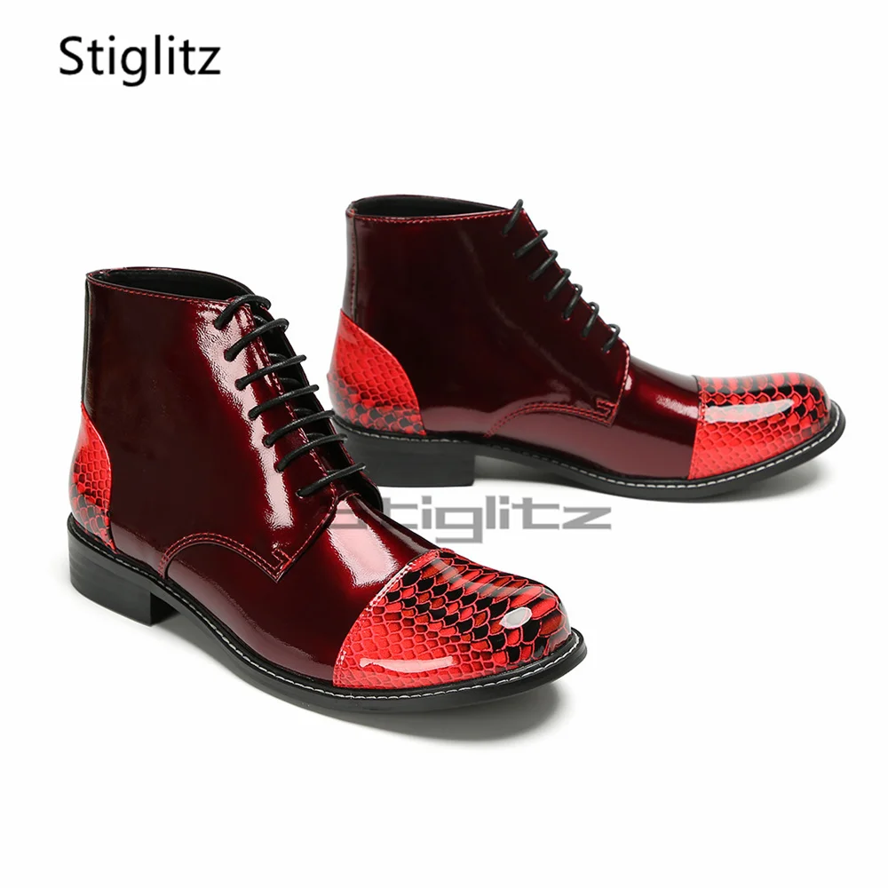 Red Snake Pattern Lace Up Ankle Boots for Men Genuine Leather Round Toe Short Boots Spring Autumn Handmade Male Wedding Shoes