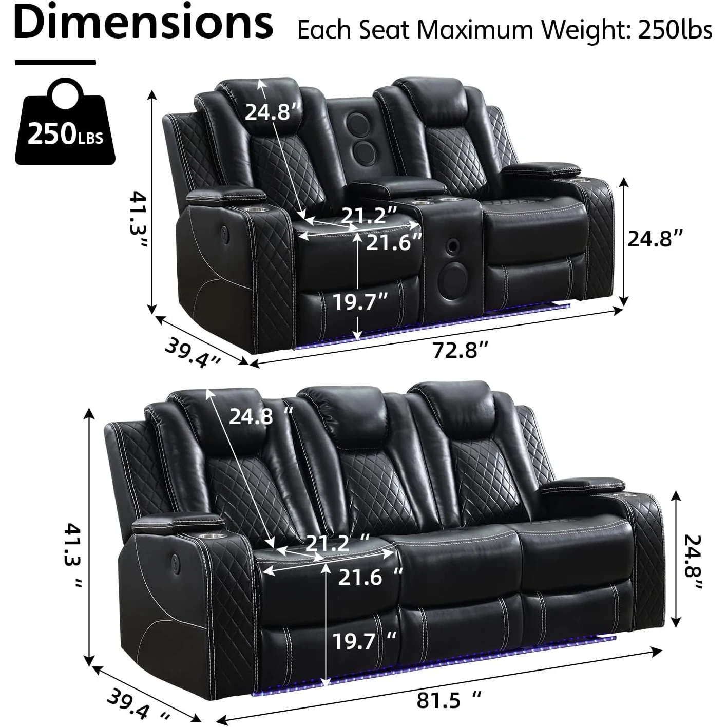 5 Seater Faux Leather Power Recliner Sofa Set with Drop-Off Table, Wireless Charger & Type-C, Loveseat with Bass Speaker