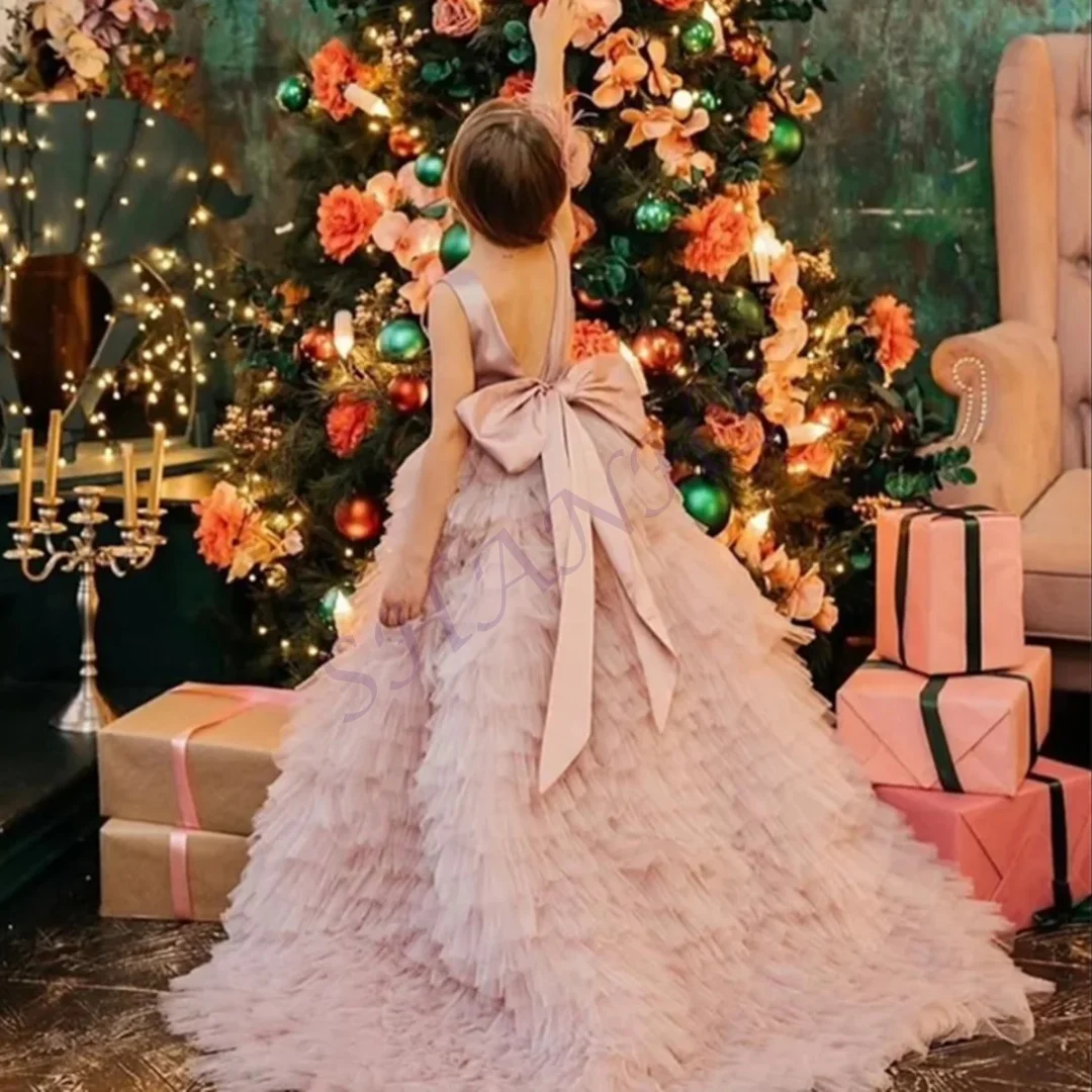 カスタマイズされたエレガントなノースリーブプリーツロングボールフラワーガールドレスボウフロアレングス高級初聖体拝領ドレスカスタマイズされたN