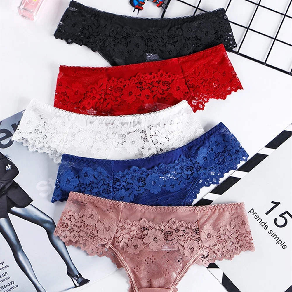 

5pcs/set Sexy Lace Hollow Out Thong Underwear Women Low Waist Solid Color T Back Panties G String Thongs Intimate Lingerie S-XL