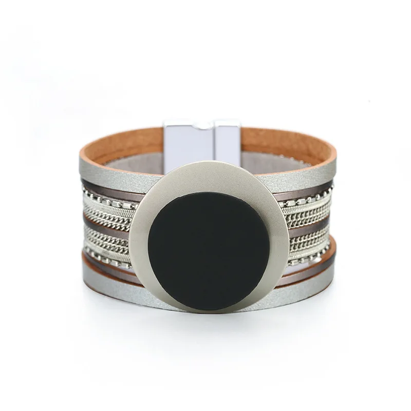 Kirykle Boho Leather Bracelet for Women 2023 Circle Matte Metal Board Charm Wide Bracelet Female Jewelry Girl Party Gift