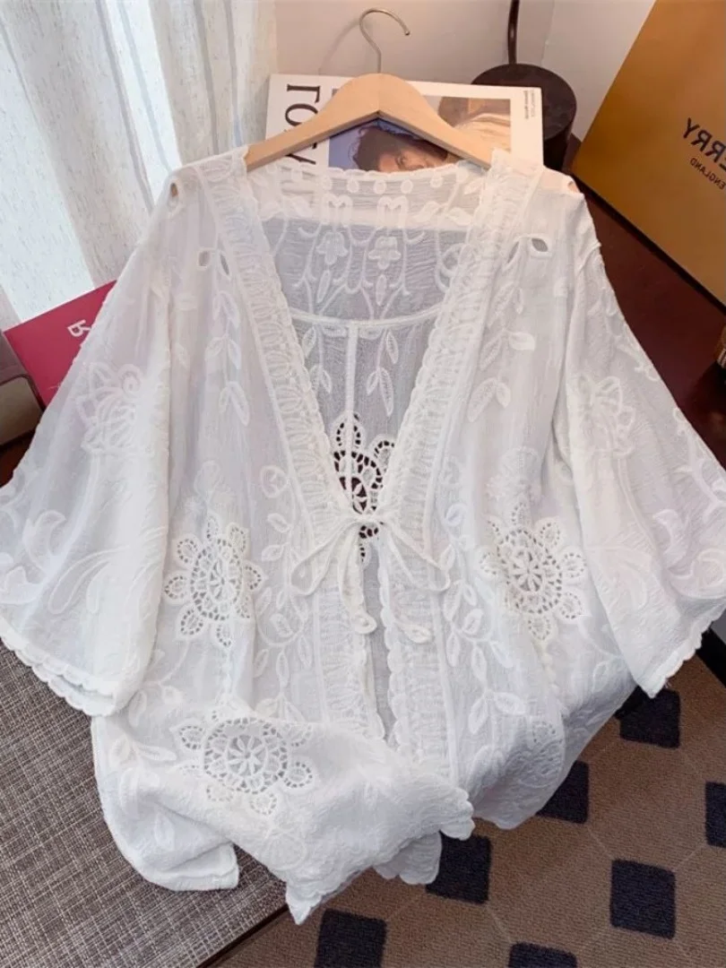 

plus Size Summer Women's Open Cardigan Belted Hollow out Svel V-Ne Mid-Length Korean Sle Loose Fit Lace irt