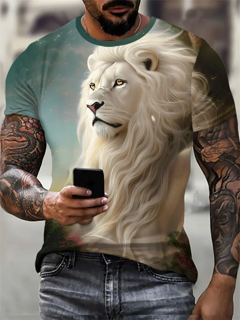 Lion Pattern Men\'s Street T-Shirt Short Sleeve Animal 3D Printed Fashion Hip Hop Male Tee 6XL Plus Size O-Neck Casual Tops