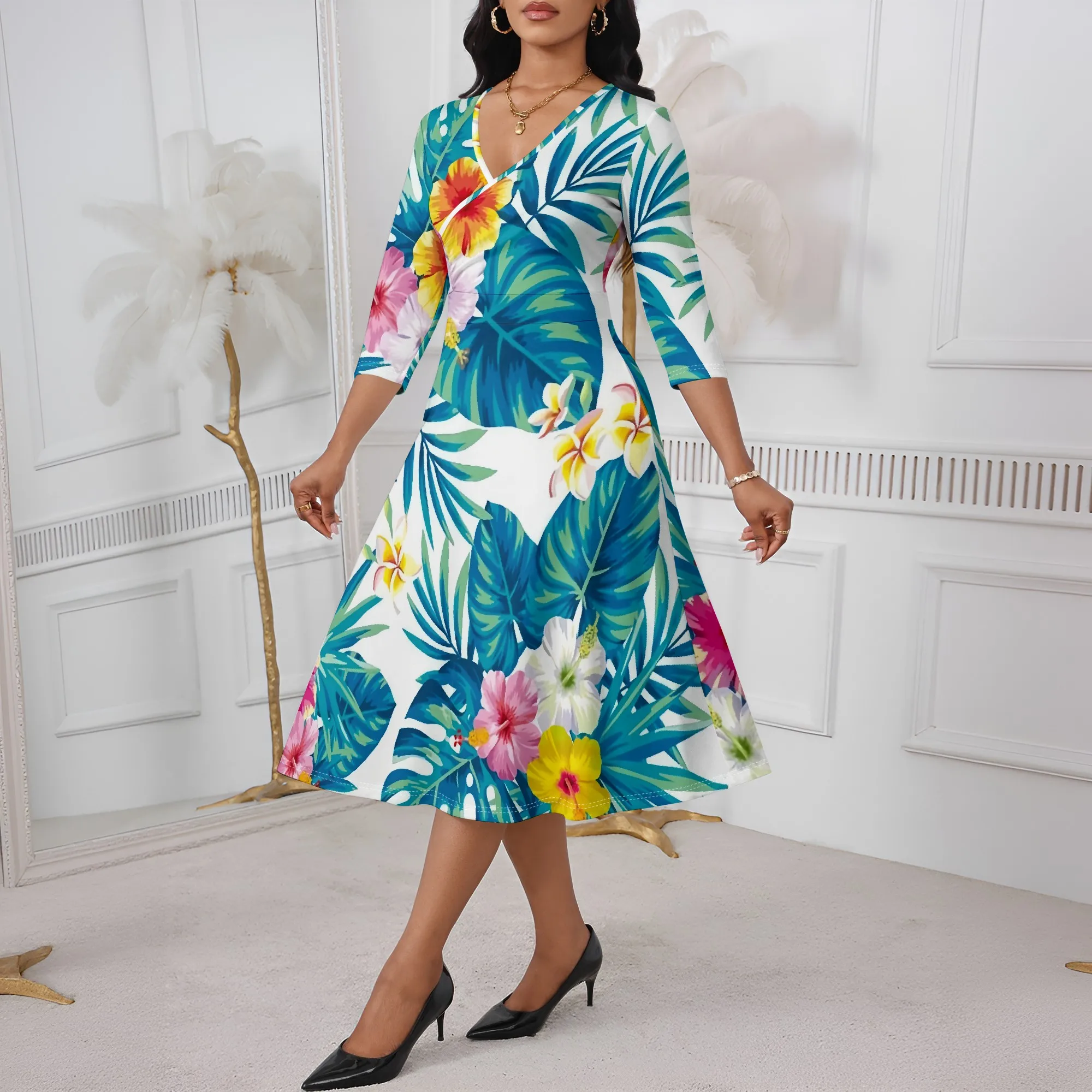 

Tropical Floral Print Wrap Dress XS-3XL White A-Line Style with V-Neck for Beach Wedding, Vacation or Summer Cruise Look