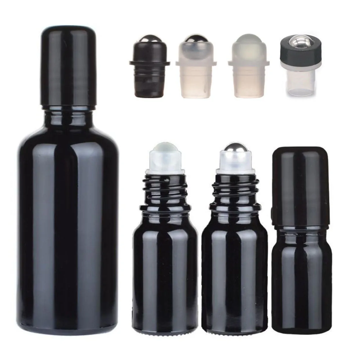 5/10/15/30/50/100ml Bright Black Thick Glass Roll On Essential Oil Empty Perfume Bottle Roller Stainless Steel Ball Refillable