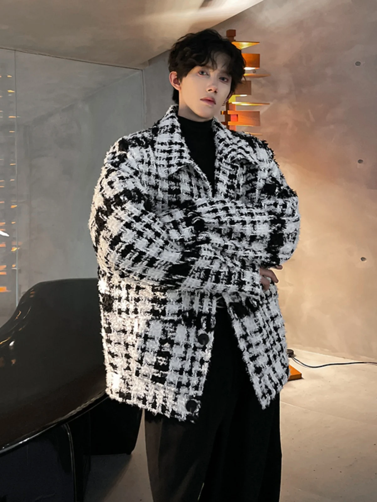 

Модная мужская куртка в клетку, осенне-зимнее шерстяное пальто, стильное молодежное пальто свободного кроя с пуговицами