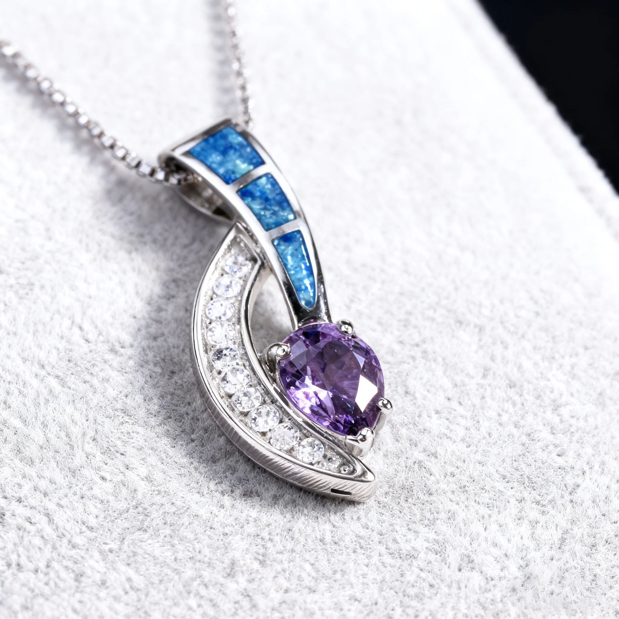 Blue Opal and Purple Heart Pendant Necklace with Zirconia Track, Minimalist Geometric Statement Jewelry, Unique Gift for Women