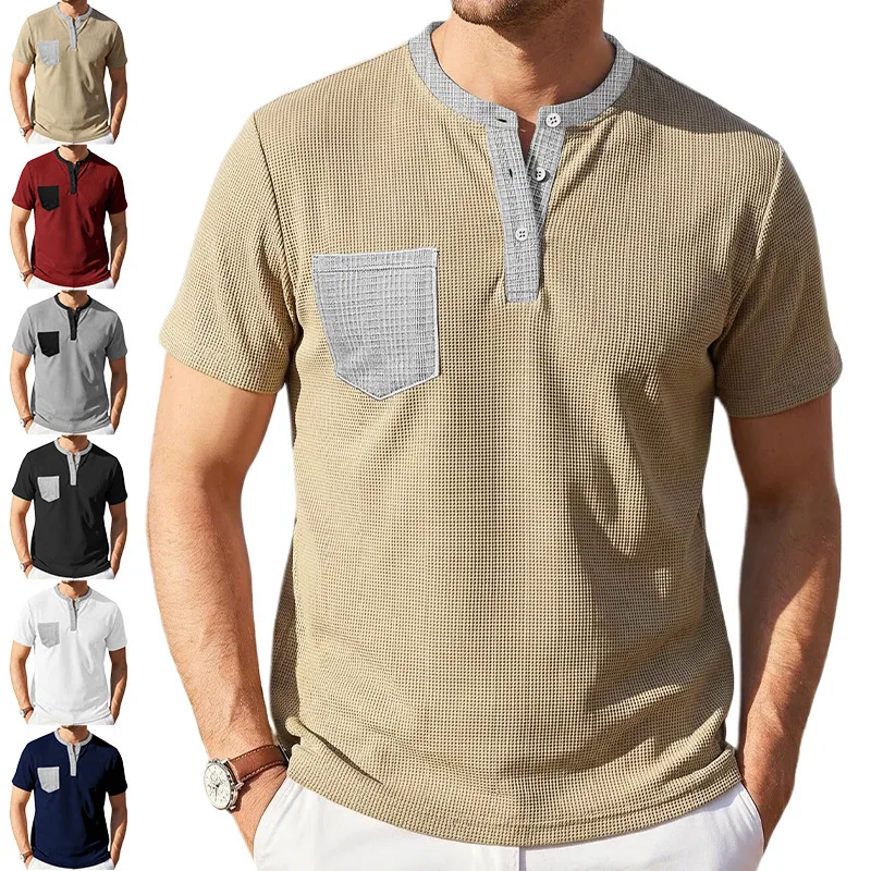 Men's Waffle Knit Contrast Henley T‑Shirt Short Sleeve Button Placket Chest Pocket Casual Summer Tops