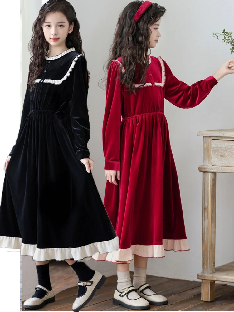 

Velvet Fall Dresses For Girls Winter Children Clothing New 2025 Smocked Dress Girls Long Red Black Party Christmas Dresses Kid
