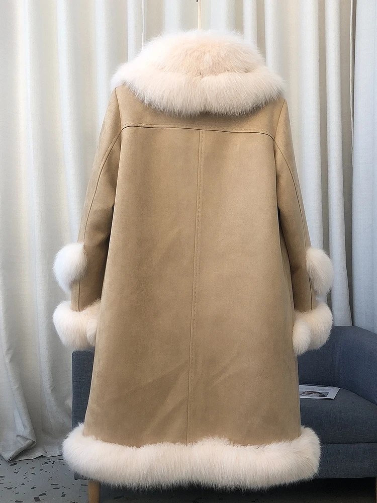 2024 New Real fur,Russia style female long warm suede leather white duck down overcoat women's fluffy genuine fox fur collar war