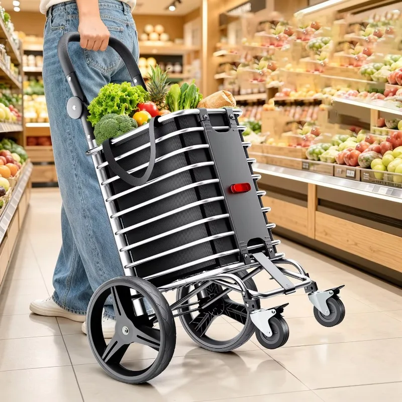 Aluminum Alloy Hand Pull Cart, 25cm Oversized Wheels, 50KG Max Load, Portable Shopping Trolley for Grocery & Household
