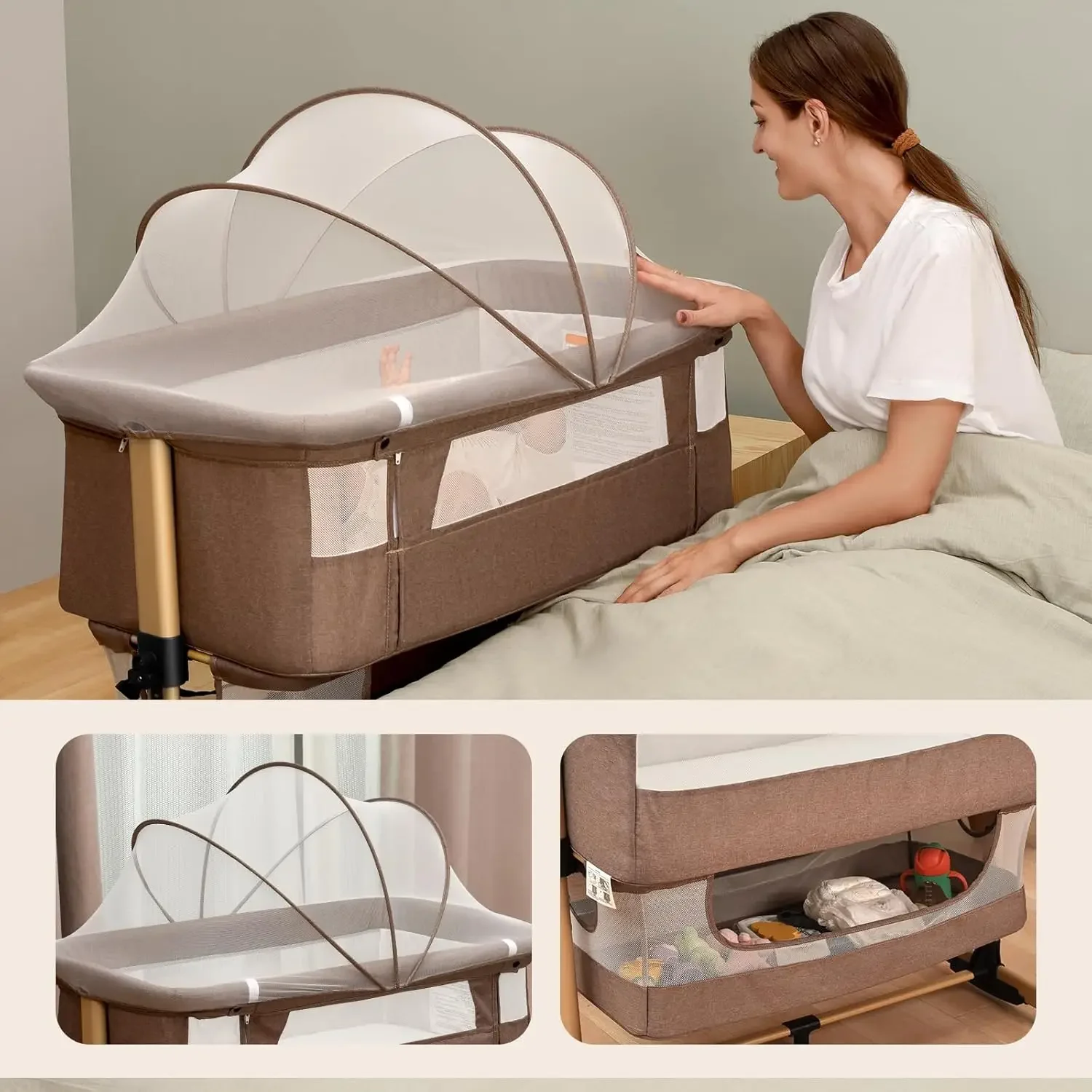 Crib,3 in 1 Baby Bassinet Bedside Crib Adjustable Portable Bed for Infant,Baby Newborn Must Have Bed,Khaki