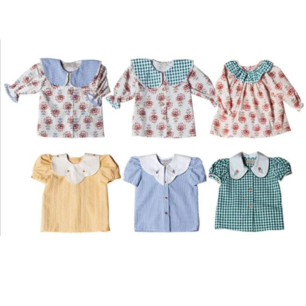 Retro Petal Pan Collar Baby Girls Floral Embroidery Blouse Soft Cozy Cotton Toddler Puff Sleeve Shirt Spring Summer Kids Tops