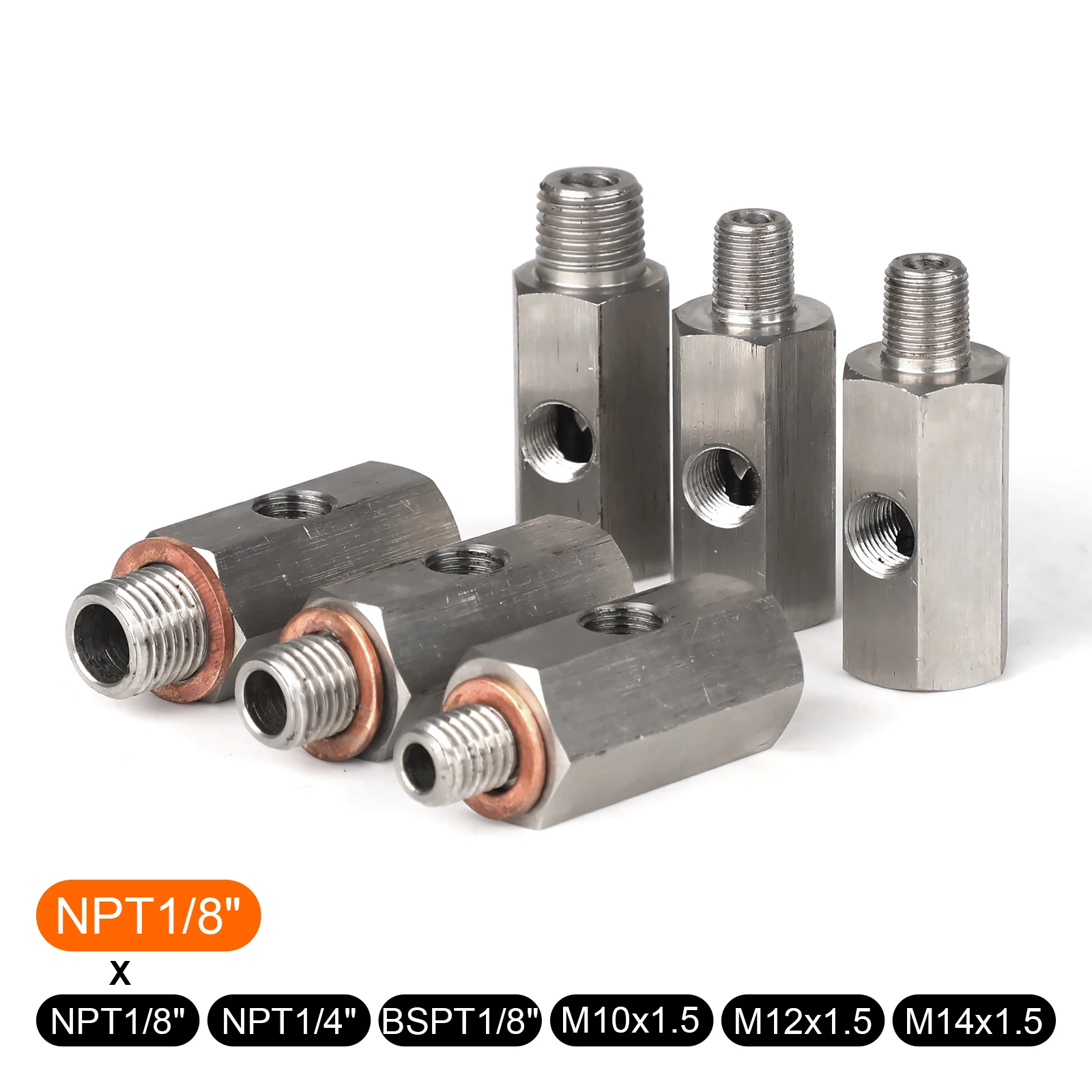 Stainless Steel Side Holes Oil Pressure Sensor 1/8 NPT Female To M12 M10 M14 Adapter with copper washer