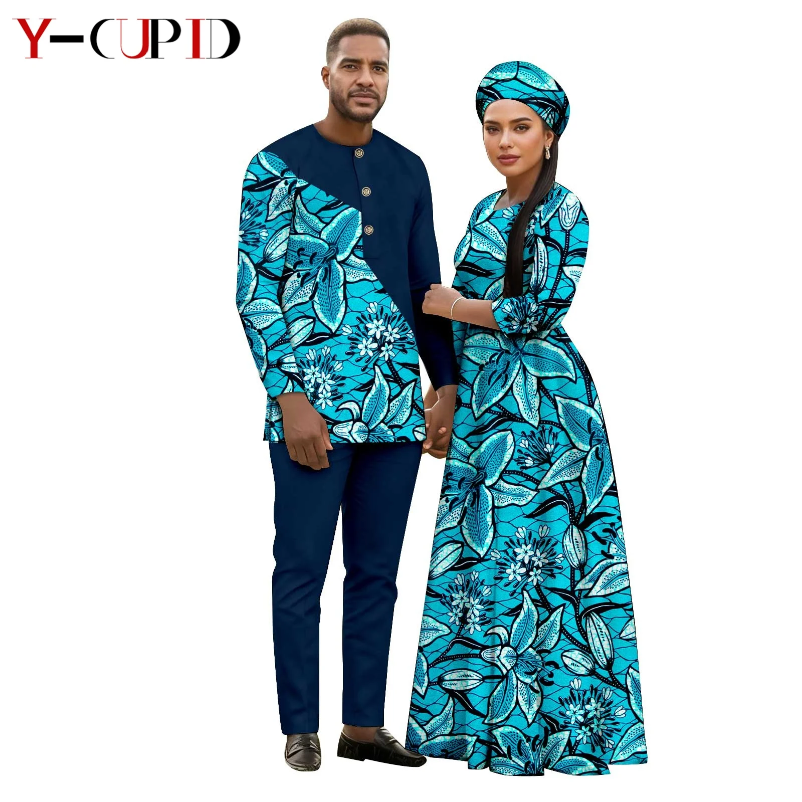 

African Print Long Tutu Dresses for Women Match Men Suits Outfits Top and Pant Sets Dashiki Couple Clothes Wedding Party 26C006