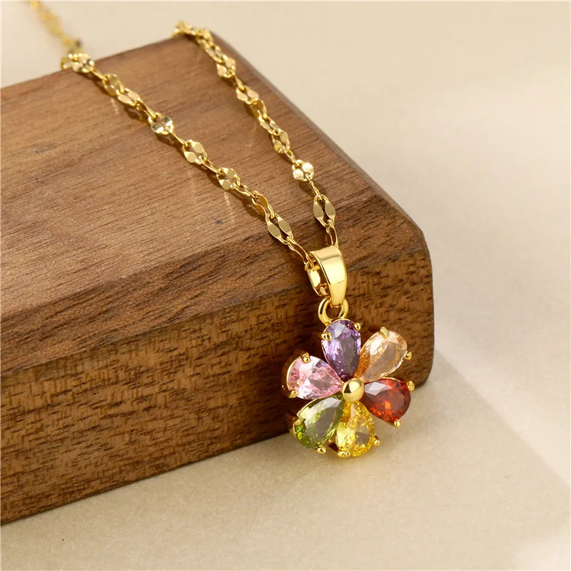 Vintage Bohemia Colorful Zircon Crystal Flower Pendant Stainless Steel Women Necklaces Female Clavicle Chain Jewelry Wholesale