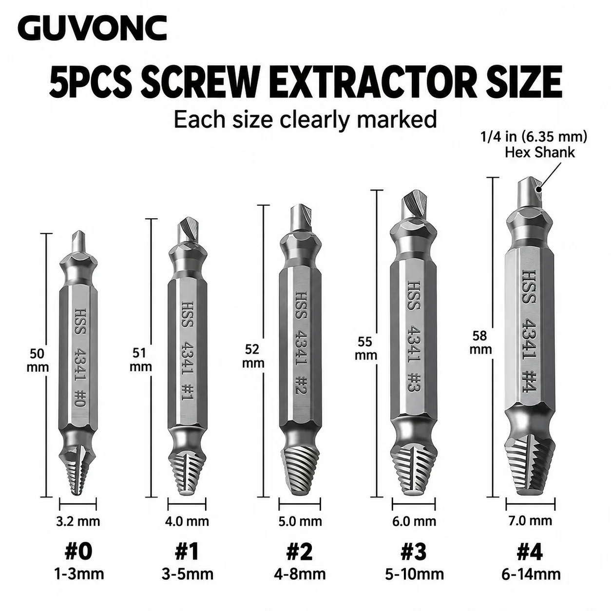 5Pcs HSS 4341 Broken Screw Extractor Set #0/1/2/3/4, Reverse Thread Hex Shank for 1-14mm Damaged Screws