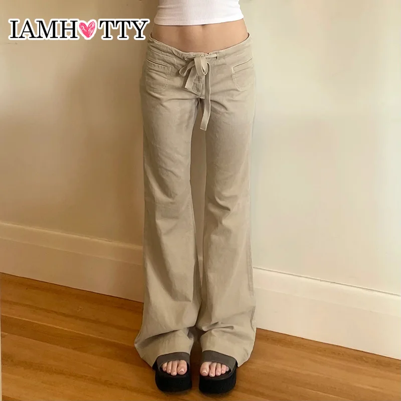 IAMHOTTY Tie-up Low Waist Baggy Pants Khaki Pockets Cargo Pants Vintage Streetwear Loose Casual Basic Trousers Women Sweatpants