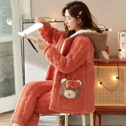 Pajamas Women's Winter Three-Layer Quilted Thickened Pajamas Long Plush Medium Long Hooded Plush Warm Home Clothes Suit Female