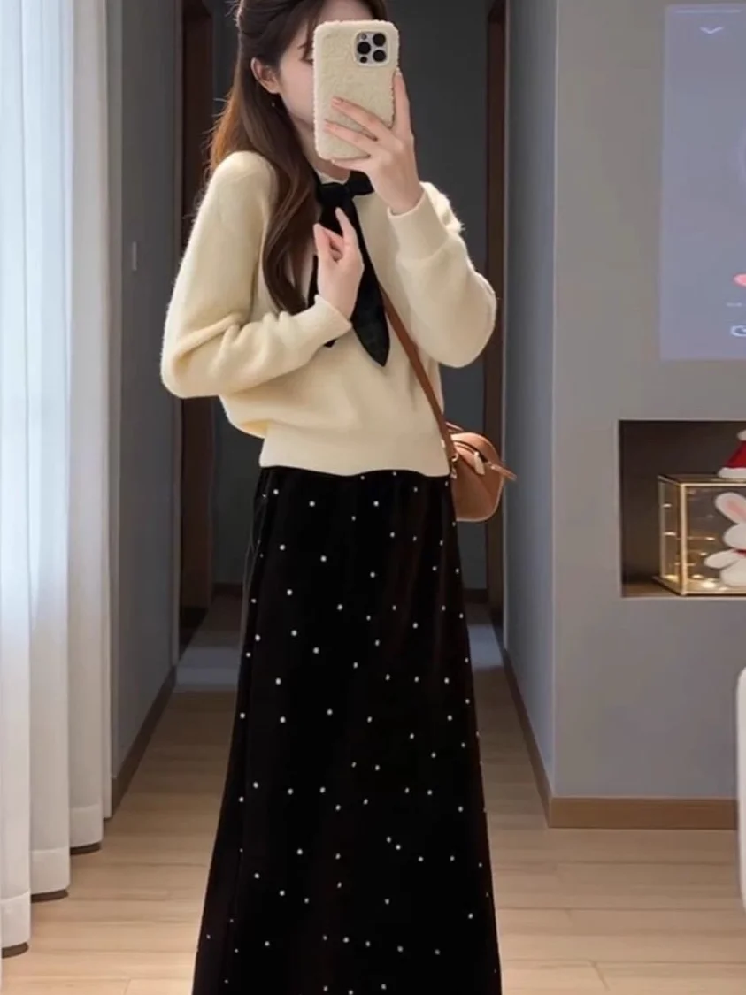 

Spring Faion Korean Sle Sweater Skirt Set Rich Girl Miu Series Two-Piece Outfit Knot High Waist Warm Winter