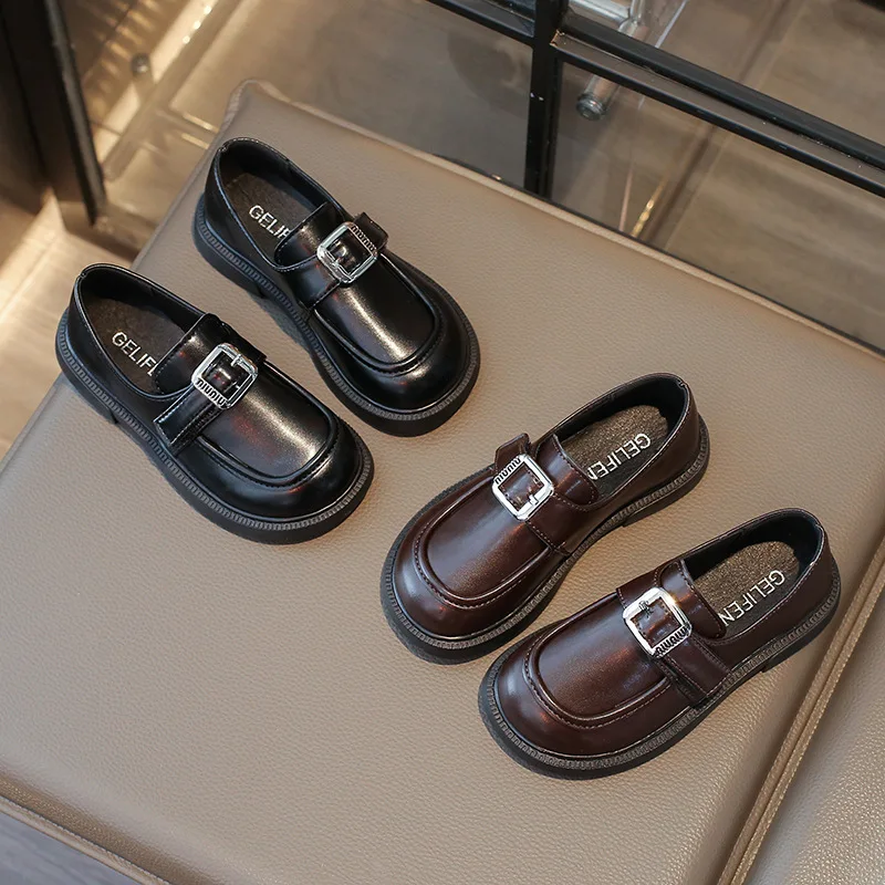 Children Leather Shoes Girls Buckle British Style Slip-on Loafers Boys Autumn New Student Single Shoes Size 26-36