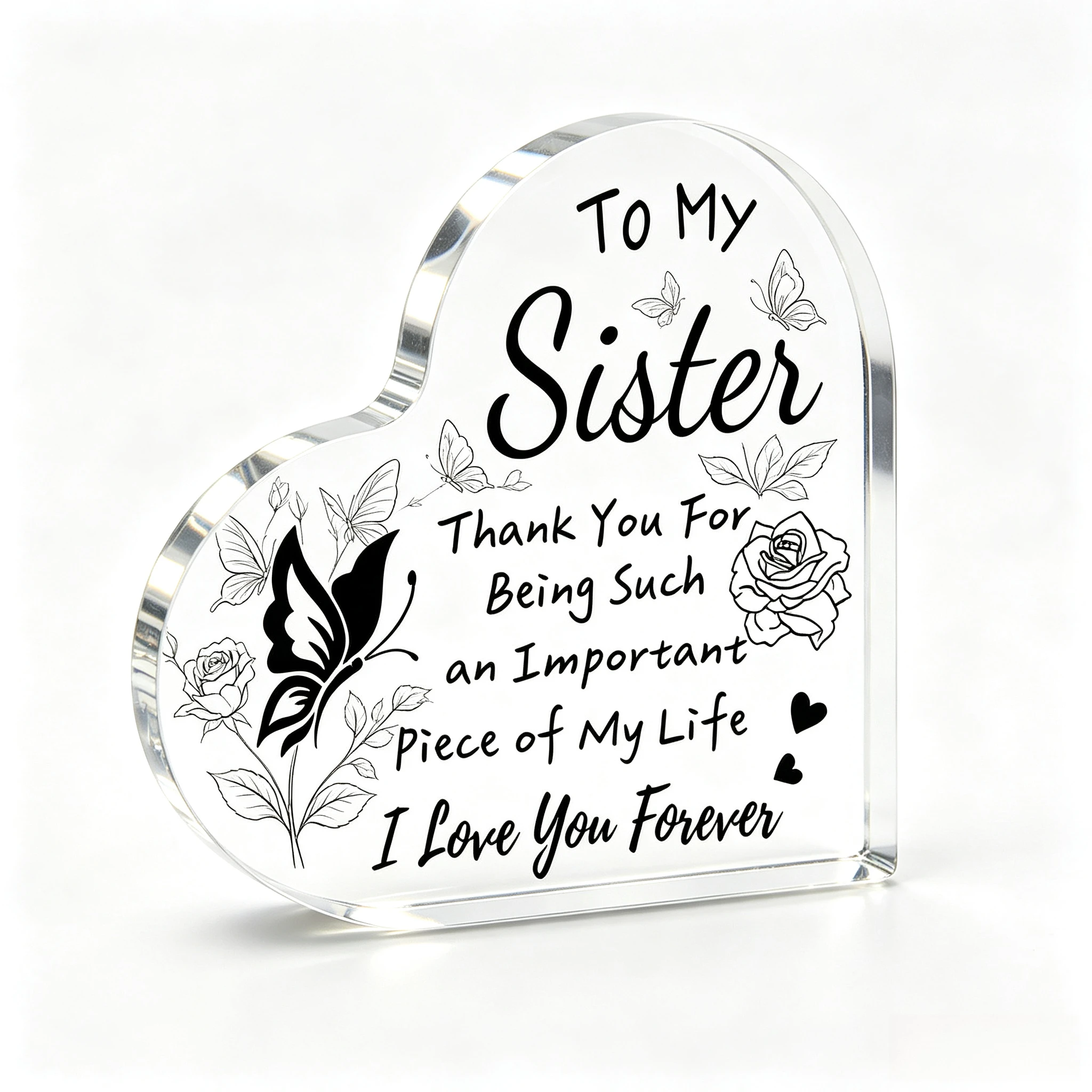 To My Sister Heart‑Shaped Acrylic Tabletop Plaque, Line Art Butterfly Rose Appreciation Desktop Decor