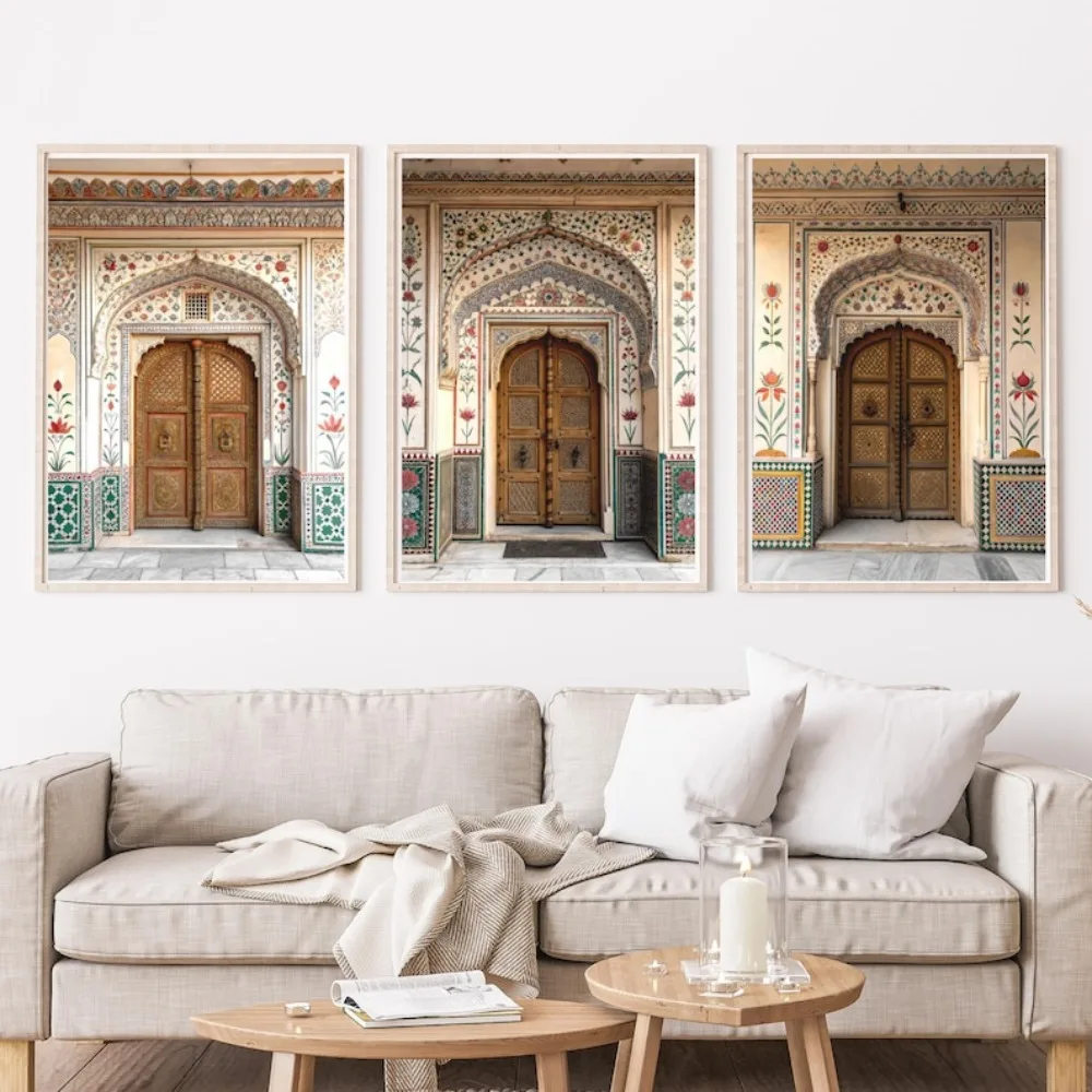 Arte tradicional sin marco de la puerta de Rajasthan, decoración de pared del palacio de Jaipur, arquitectura india, arco real, impresión bohemia para el hogar