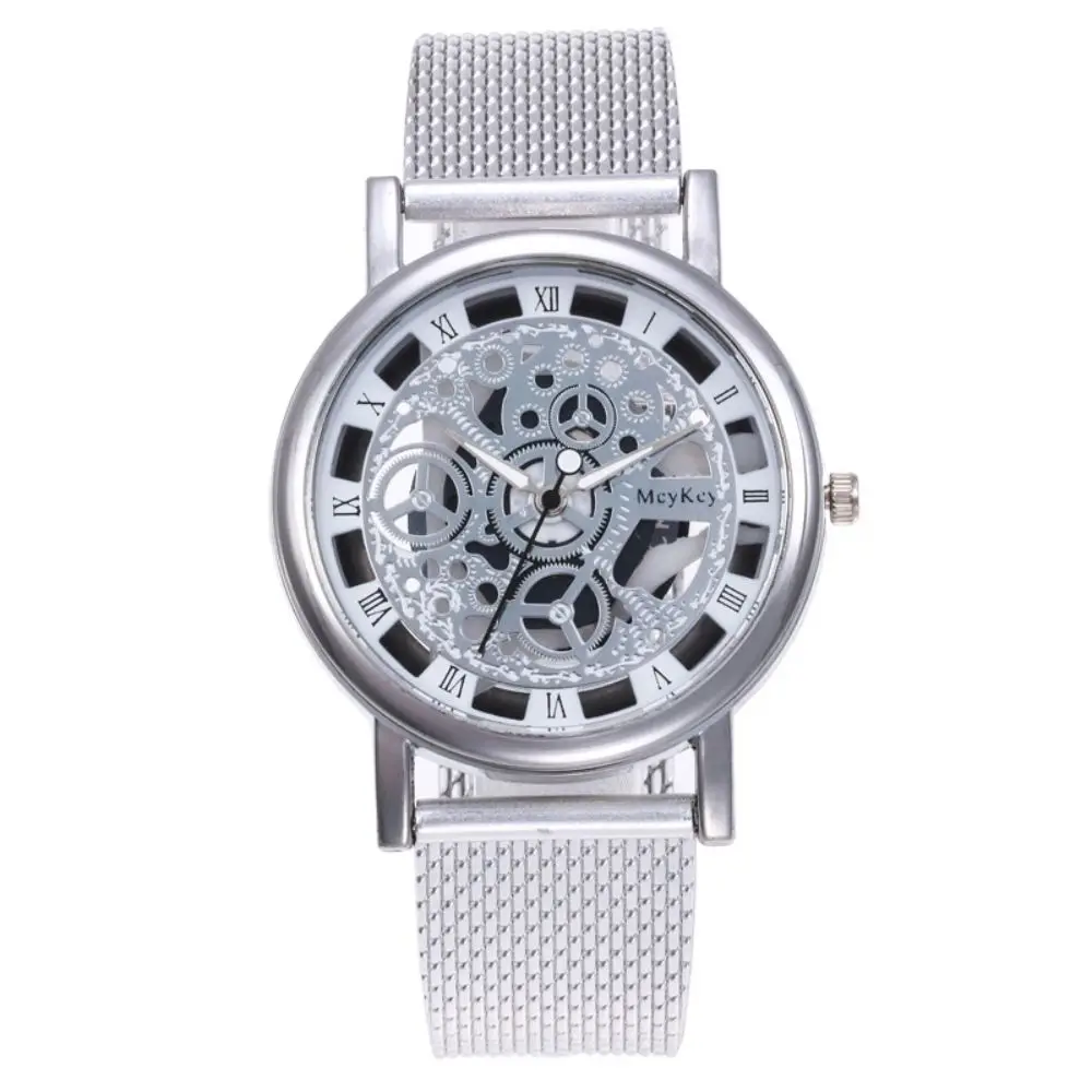 Faux Mechanical Quartz Wrist Watch Quartz Movement Metal Mesh Band Mechanical Skeleton Watch Hollow Skeleton Dial