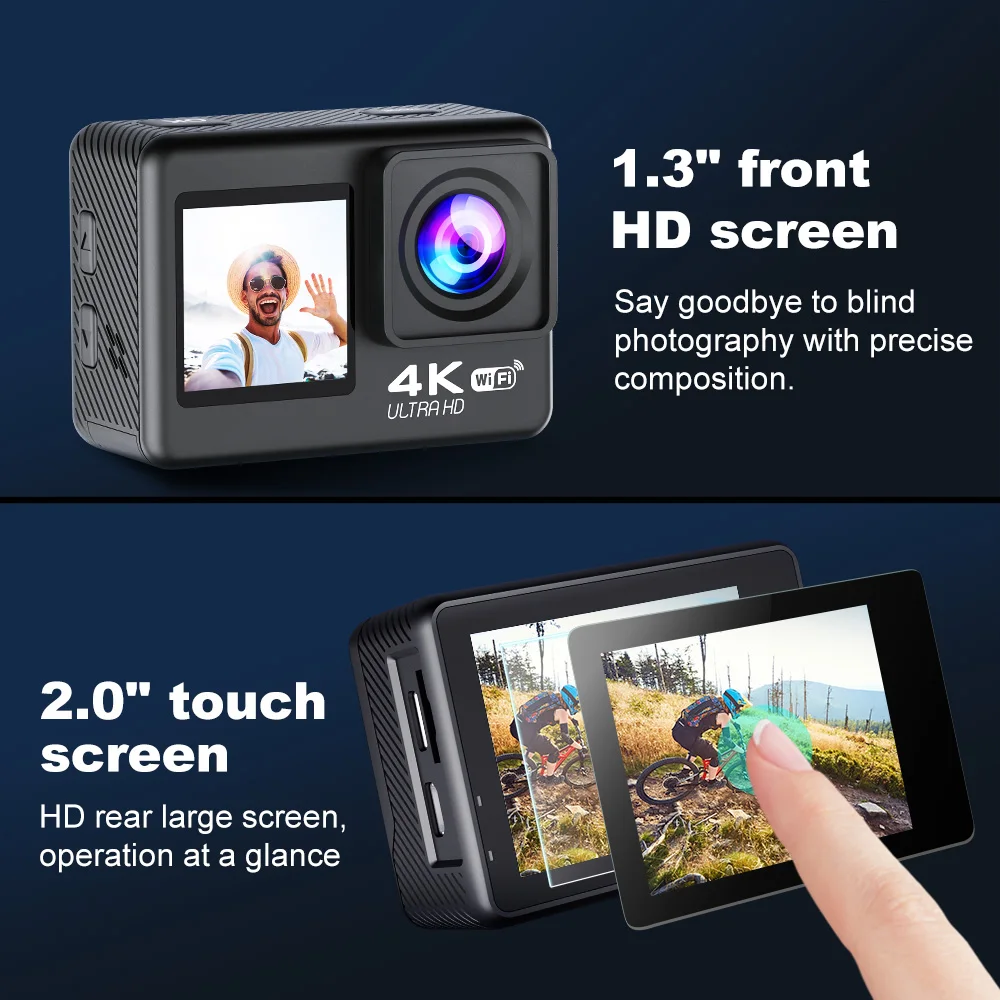 Q60TR 4K 60FPS Action Camera 2024 New Dual Screen Waterproof Sport Camera WiFi 170°Wide Angle Len Motorcycle Drive Recorder