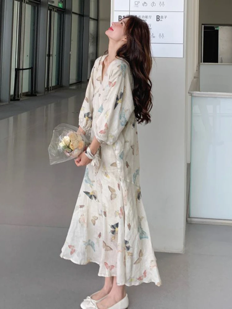 2024 French Women Long Polyester Beach Dress Printing-Out Deep V-Neck Long 3/4 Sleeve Fashion Dress Fall Backless Holiday Dress