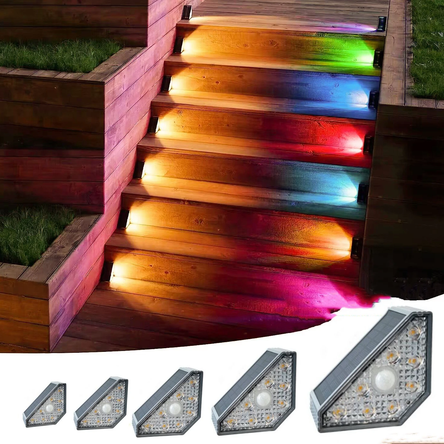 

Solar Stair Lights with Motion Sensor - IP67 Waterproof 3 Mode RGB Color Changing Step Light LED Lights for Steps Patio Garden