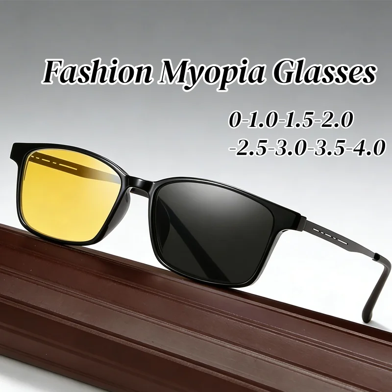 

Trendy Yellow Lenses Photochromic Myopia Glasses Women Men Vintage Classic Night Vision Glasses Trending Anti-UV Driving Eyewear