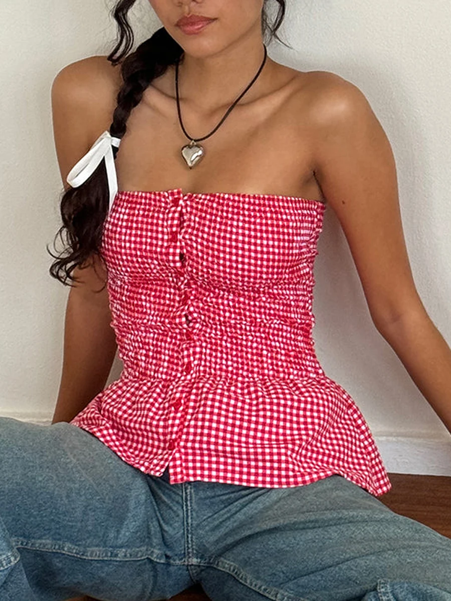 Y2k Red Gingham Crop Top Womean Sexy Strapless Ruffle Hem Sleeveless Button Cami Coquette Aesthetic Plaid Print Crop Top Summer