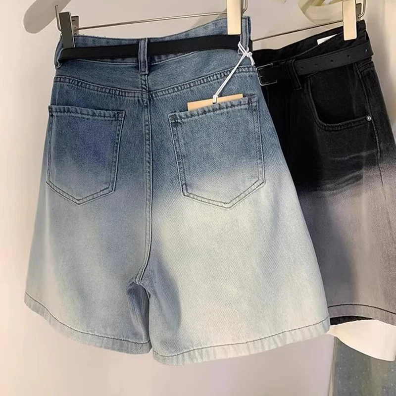 Mode Gradiënt Vijfpunts Jeans Dames 2024 Zomer Nieuwe Joker Hoge Taille Losse Korte Broek Met Wijde Pijpen