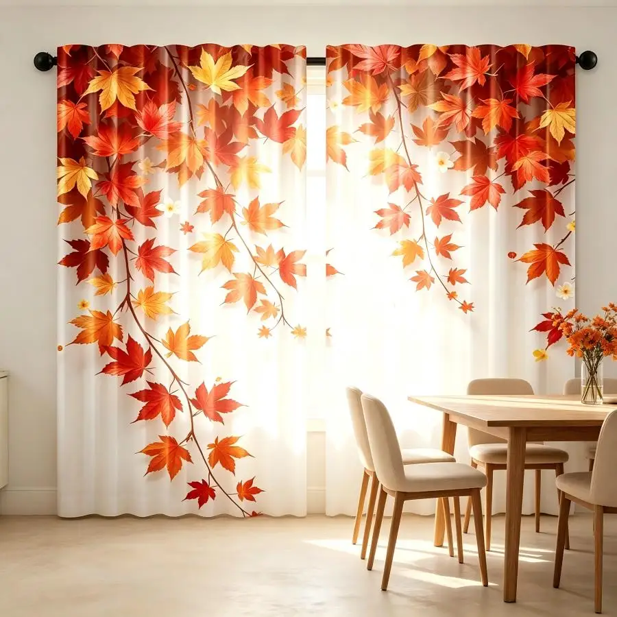 2PCS Digital Print  Curtain, Draping Red Orange Maple, Botanical Print Window Drape for Living Room Bedroom Home Decor
