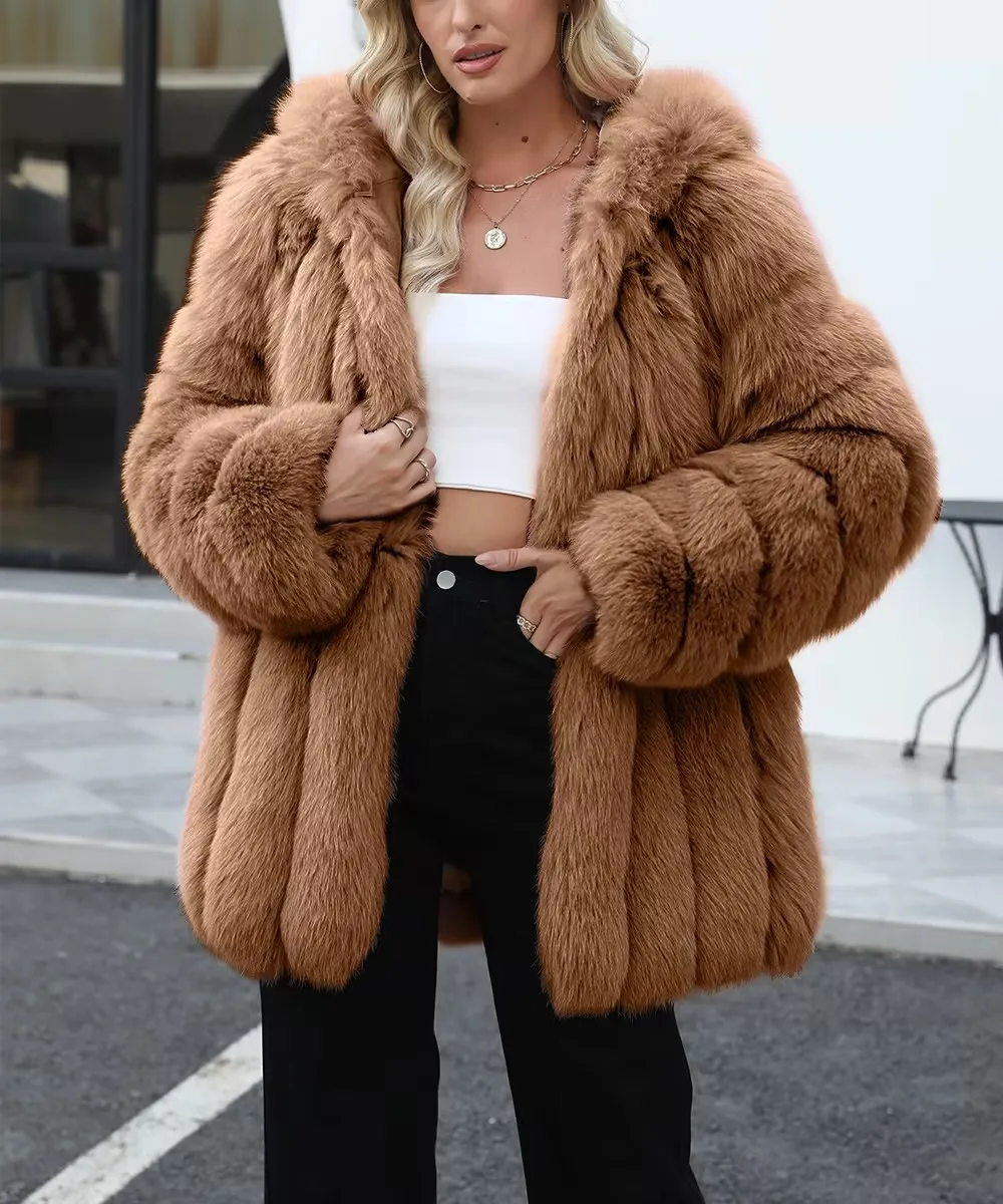 Faux Fox Fur Coat Women Solid Fur Jacket Long Sleeve Turn Down Collar Open Stitch Thick Warm Fur Loose Casual 2026 Autumn Winter