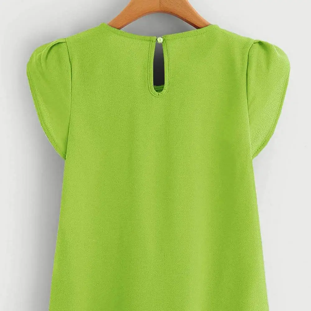 

Summer Women Shirt O-Neck Petal Short Sleeve Blouse Casual Pullover Tops Solid Color Pleated T-shirt Streetwear