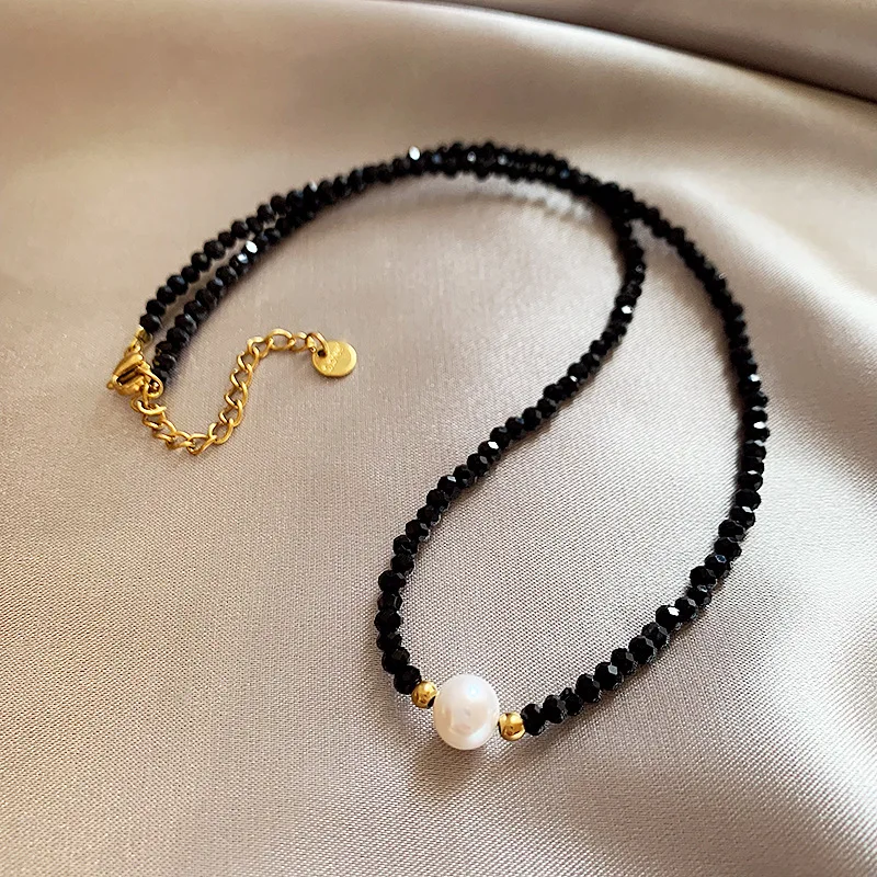 New Arrival Elegant Natural Freshwater Pearl Black Crystal 14K Gold Filled Female Beads Chain Necklace Jewelry For Women Gifts