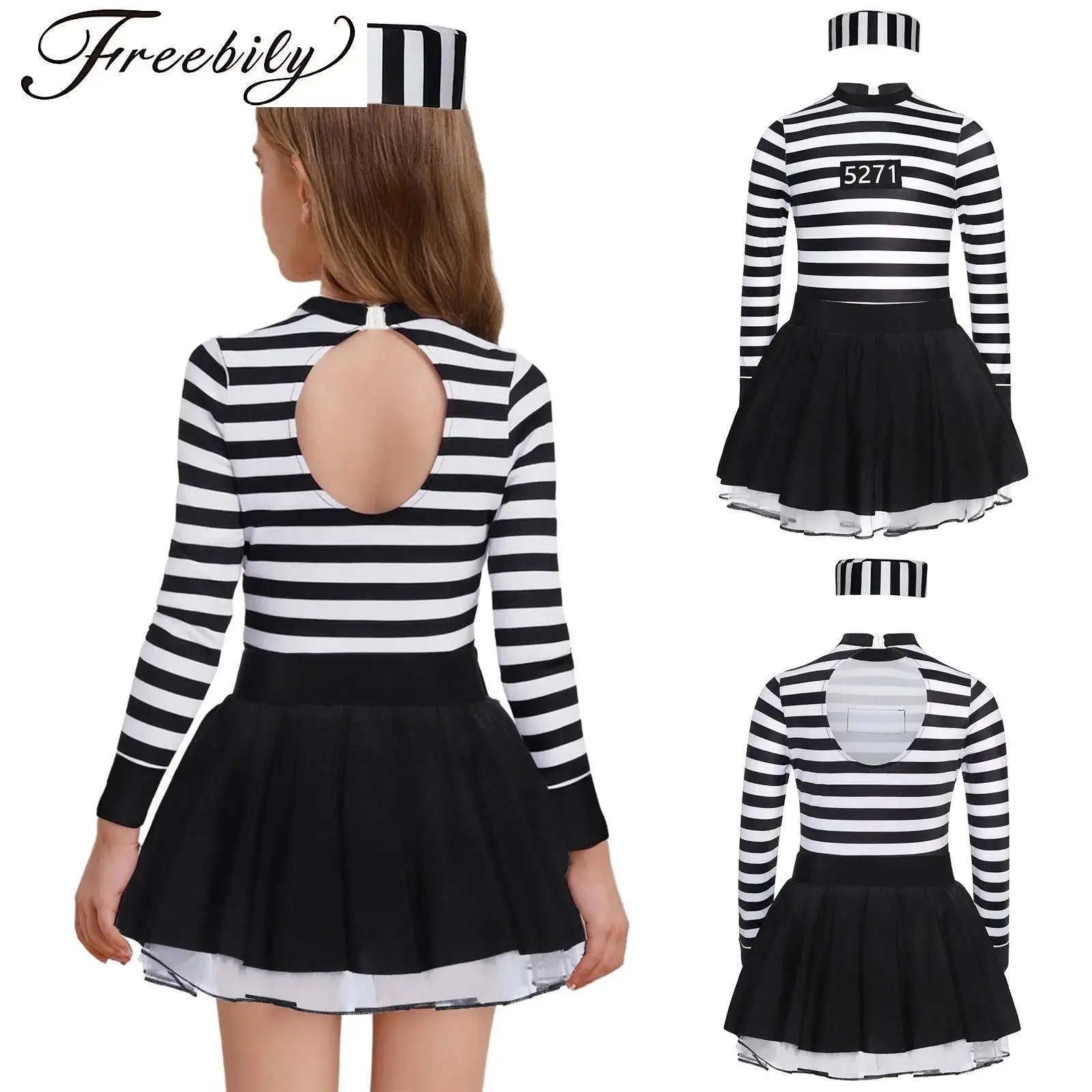 Girl Prisoner Costume Dress Long/Short Sleeve Ruffle Skirt Striped Puffy Ballet Tutu Dress Halloween Jailbird Convict Role Play