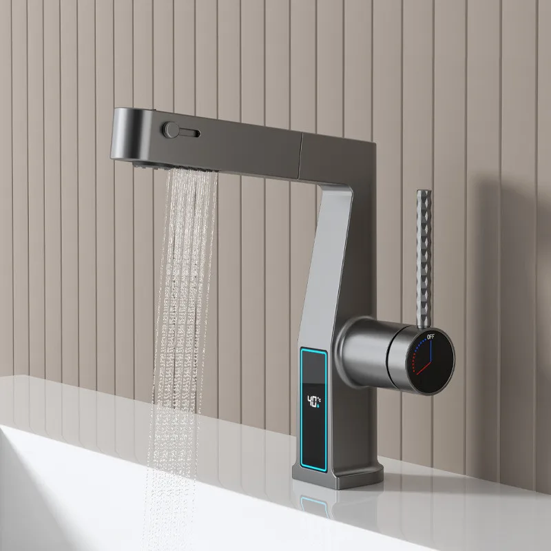 

New Tuqiu Bathroom Basin Faucet Pull Out Digital Display Sink Mixer Hot and Cold Chrome 3 Functions Spray Tap Brass Material