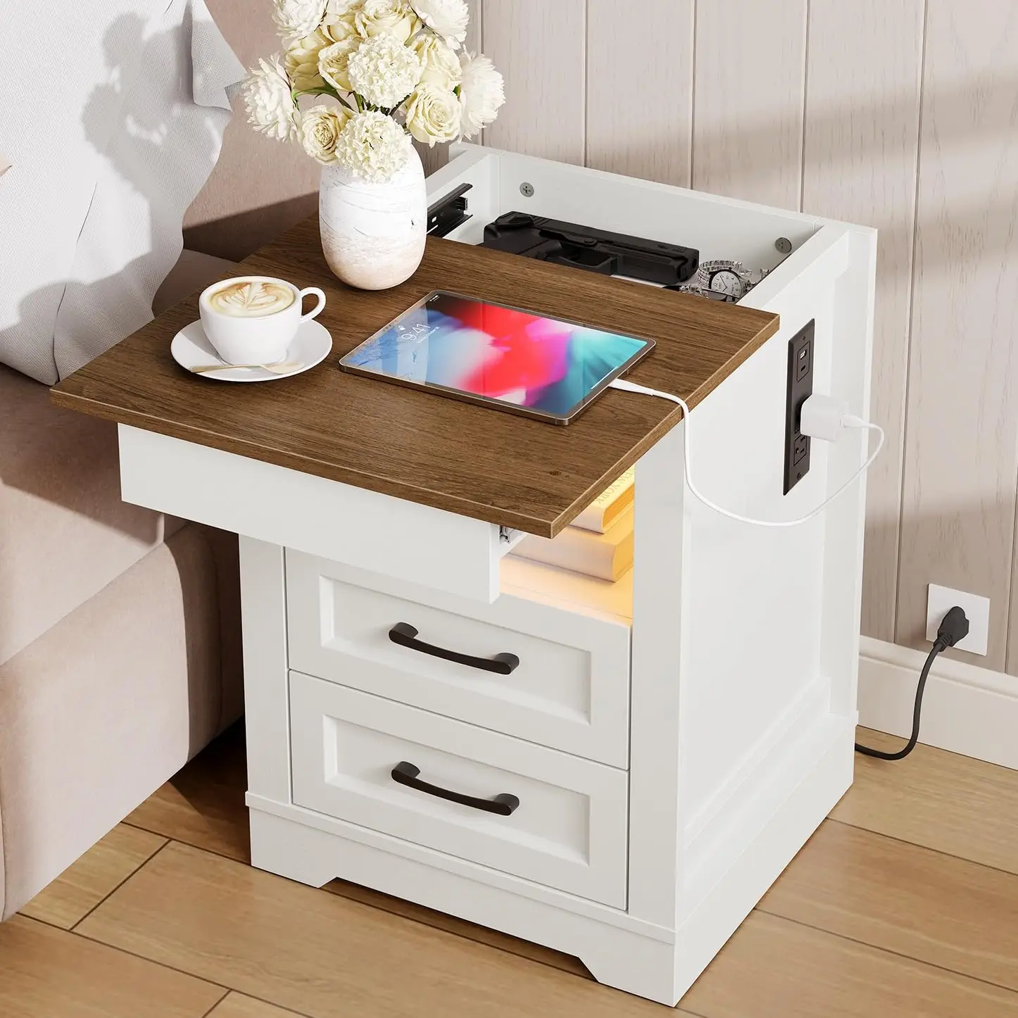 Farmhouse Nightstand Gun Drawer Charging Station LED Bedside Table 3 Drawers End Table  Customized