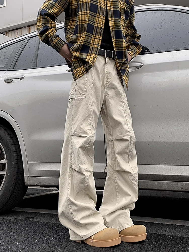 Celana Kerja Pria Model High Street Amerika, Jeans Flare Kasual Desain Drapey, Denim Lipat Trendi Musim Gugur, Celana Panjang Serbaguna