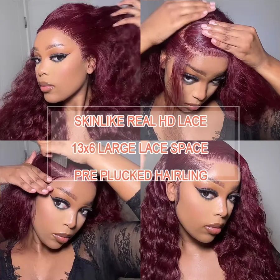 250% Burgundy Loose Wave 34 inch 13x6 Front Wigs Skinlike Invisible Lace 100% Human Hair Wigs Pre Plucked For Women Brazilian