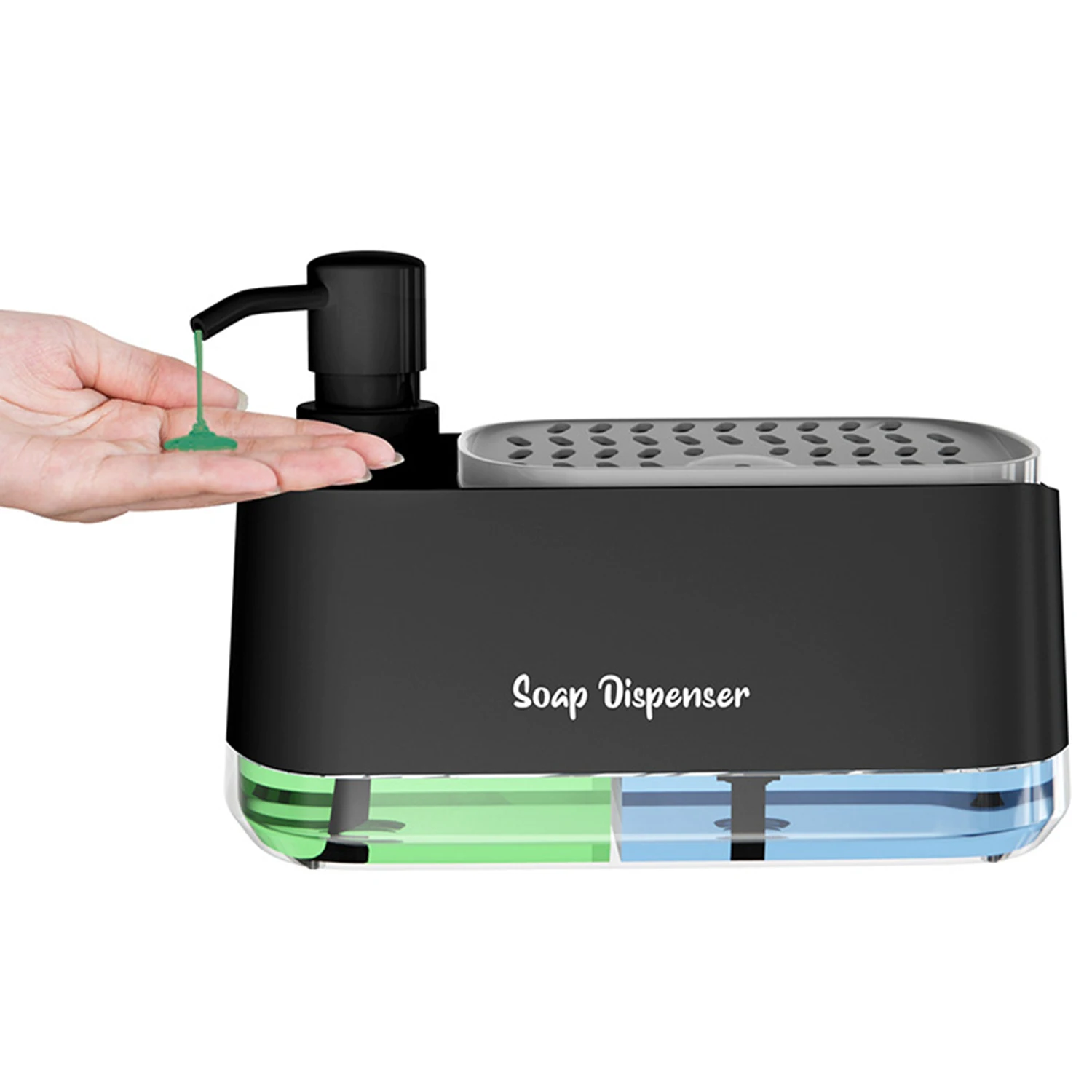 Dispensador de jabón de manos y juego para lavavajillas, soporte de esponja para detergente recargable, dispensadores de bomba de jabón de plástico para encimera para Cocina